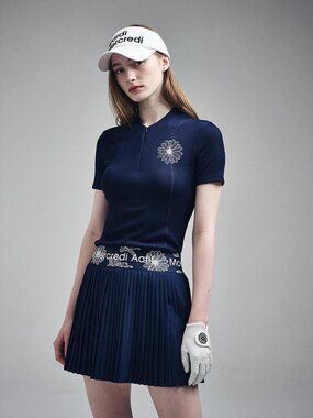 MARDI MERCREDI ACTIF Golf Korean Navy Blue ALL FLOWERS Cute Pleated Mini Skirt S